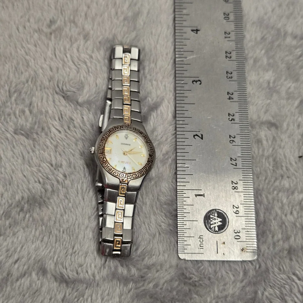 Elgin Diamond Two Tone Greek Key Watch Mother of Pearl Dial Date EG157